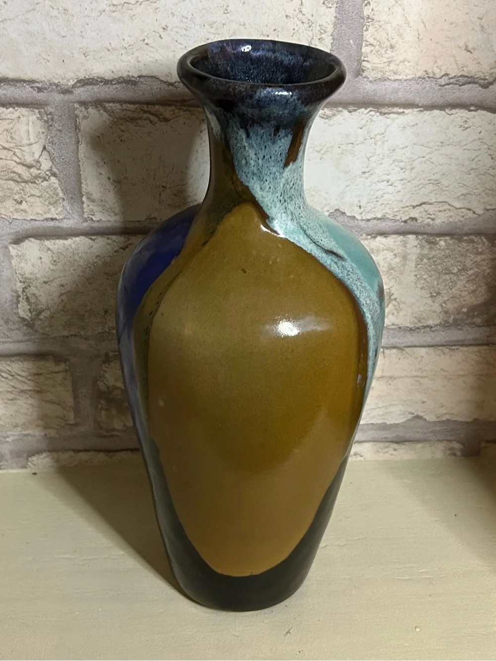 Vintage Handcrafted Glazed Ceramic Vase in Blue and Teal and Brown Vase